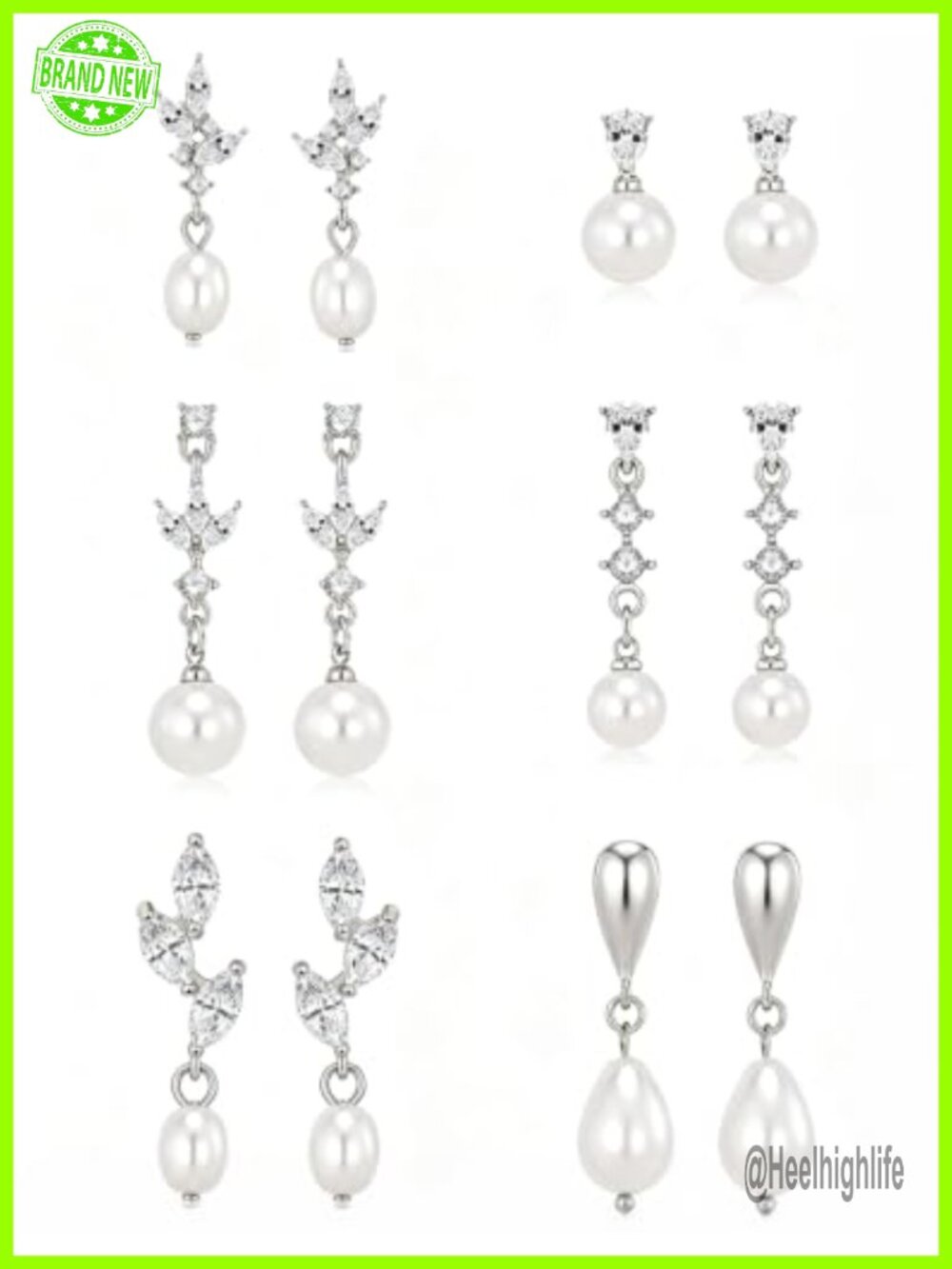 6 Pairs Pearl Dangle Earring Sets CZ Long Drop Stud Earrings Formal Prom Bridal